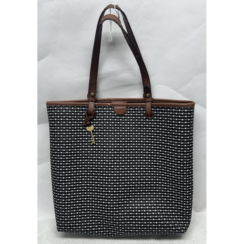 Fossil Rachel Brown Black Polka Dot Leather Tote Bag